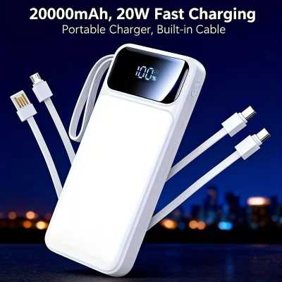 20000mAh portable power bank with built-in charging cables and 20W fast charging capabilities