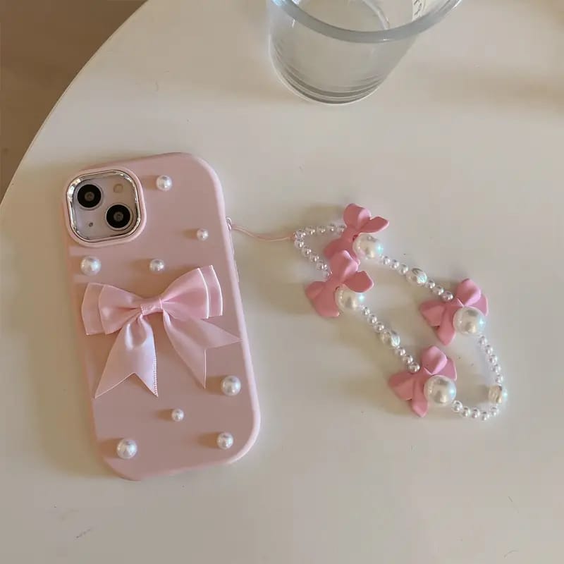 Pink Pearl Bow Phone Case with Charm